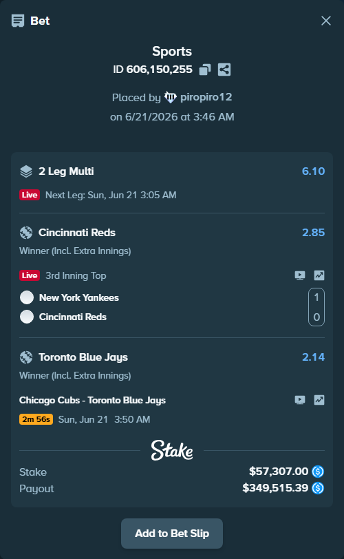 Bet slip: New York Yankees - Cincinnati Reds, $57,307.00 stake at 2.85 odds, placed by piropiro12