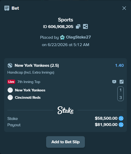 Bet slip: New York Yankees - Cincinnati Reds, $58,500.00 stake at 1.40 odds, placed by OlegStake27