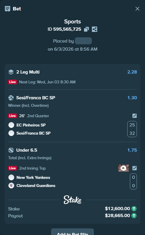 Bet slip: New York Yankees - Cleveland Guardians, $12,612.60 stake at 1.75 odds, placed by AsTraL11