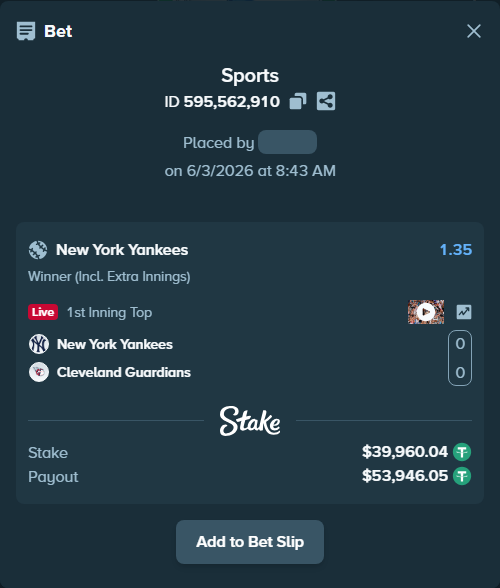 Bet slip: New York Yankees - Cleveland Guardians, $40,000.00 stake at 1.35 odds, placed by dvento