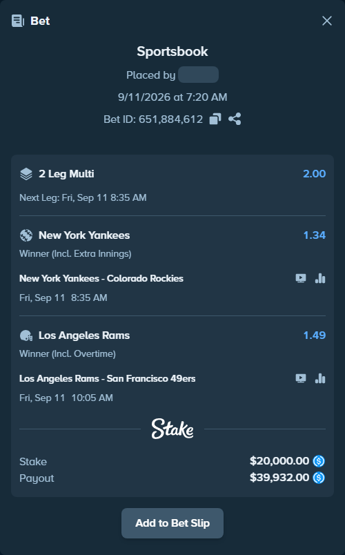 Bet slip: New York Yankees - Colorado Rockies, $20,000.00 stake at 1.34 odds, placed by 12quant