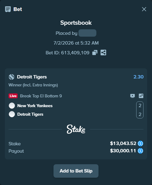 Bet slip: New York Yankees - Detroit Tigers, $13,043.52 stake at 2.30 odds, placed by scrubbylolol