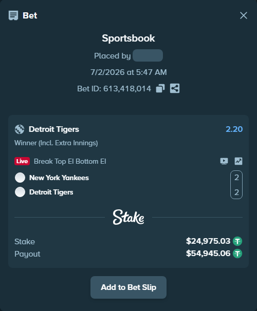 Bet slip: New York Yankees - Detroit Tigers, $25,000.00 stake at 2.20 odds, placed by ayoflasher