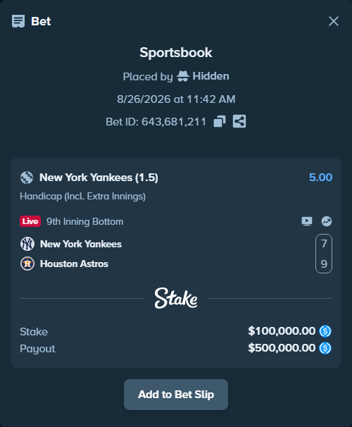 Bet slip: New York Yankees - Houston Astros, $100,000.00 stake at 5.00 odds, placed by Hidden