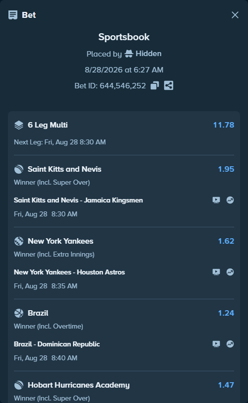 Bet slip: New York Yankees - Houston Astros, $14,676.52 stake at 1.62 odds, placed by Hidden