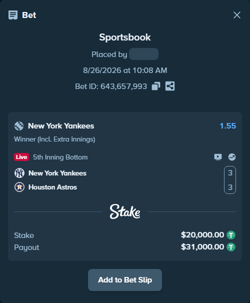 Bet slip: New York Yankees - Houston Astros, $20,000.00 stake at 1.55 odds, placed by dvento