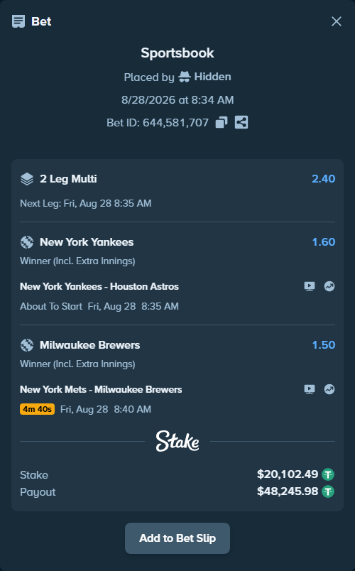 Bet slip: New York Yankees - Houston Astros, $20,100.48 stake at 1.60 odds, placed by Hidden