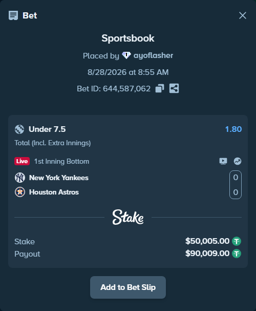 Bet slip: New York Yankees - Houston Astros, $50,000.00 stake at 1.80 odds, placed by ayoflasher