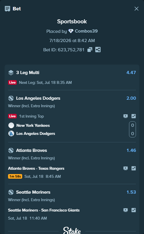 Bet slip: New York Yankees - Los Angeles Dodgers, $11,000.00 stake at 2.00 odds, placed by Combos39