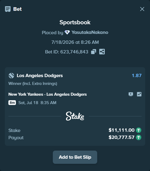 Bet slip: New York Yankees - Los Angeles Dodgers, $11,111.00 stake at 1.87 odds, placed by YasutakaNakano