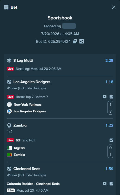 Bet slip: New York Yankees - Los Angeles Dodgers, $11,425.01 stake at 1.18 odds, placed by Mashko21