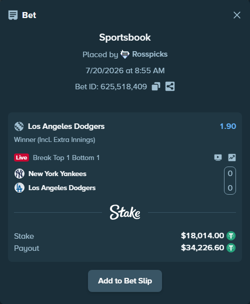 Bet slip: New York Yankees - Los Angeles Dodgers, $18,014.00 stake at 1.90 odds, placed by Rosspicks