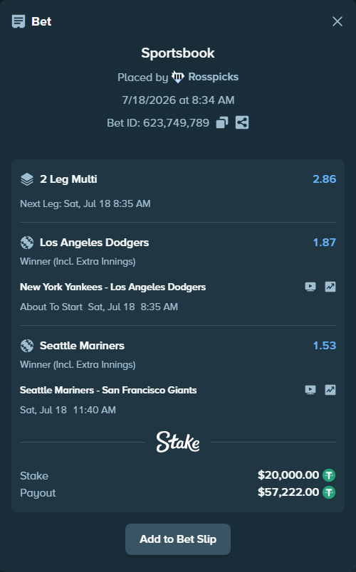 Bet slip: New York Yankees - Los Angeles Dodgers, $20,000.00 stake at 1.87 odds, placed by Rosspicks