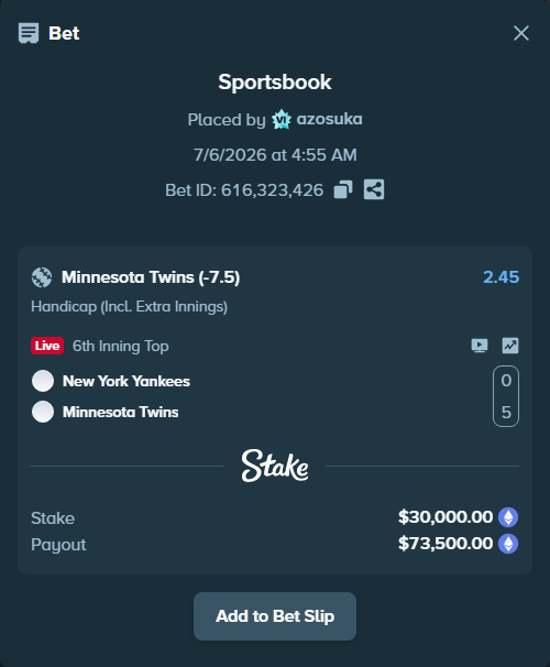 Bet slip: New York Yankees - Minnesota Twins, $32,018.91 stake at 2.45 odds, placed by azosuka