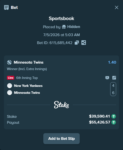 Bet slip: New York Yankees - Minnesota Twins, $39,630.00 stake at 1.40 odds, placed by Hidden