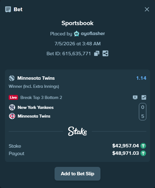 Bet slip: New York Yankees - Minnesota Twins, $43,000.00 stake at 1.14 odds, placed by ayoflasher