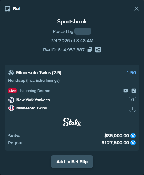 Bet slip: New York Yankees - Minnesota Twins, $85,000.00 stake at 1.50 odds, placed by piropiro12