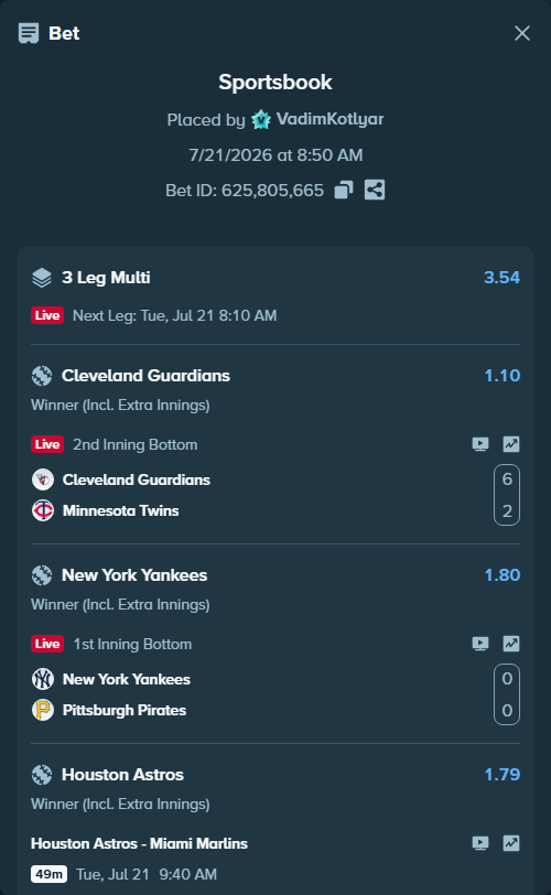 Bet slip: New York Yankees - Pittsburgh Pirates, $10,305.00 stake at 1.80 odds, placed by VadimKotlyar