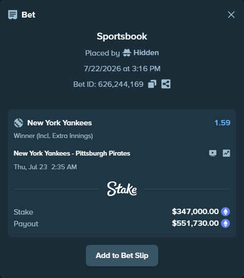 Bet slip: New York Yankees - Pittsburgh Pirates, $343,879.44 stake at 1.59 odds, placed by Hidden