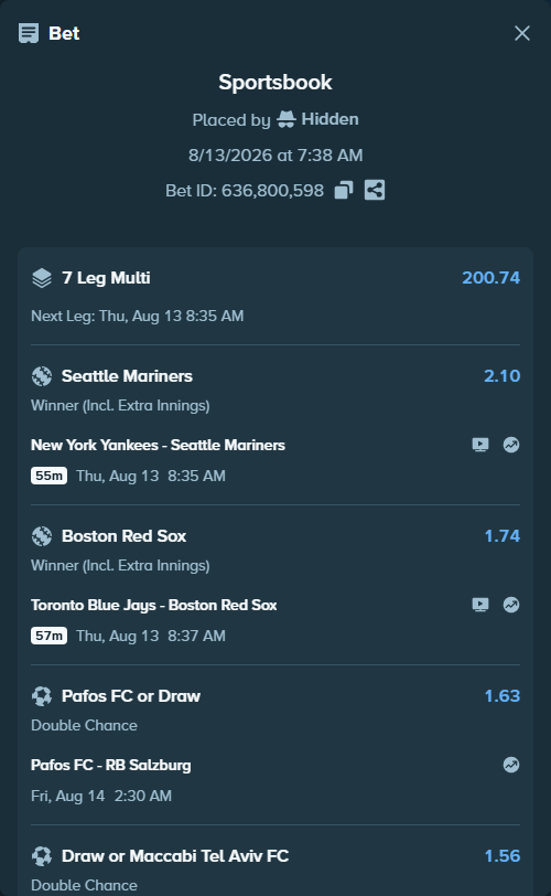 Bet slip: New York Yankees - Seattle Mariners, $10,000.00 stake at 2.10 odds, placed by Hidden