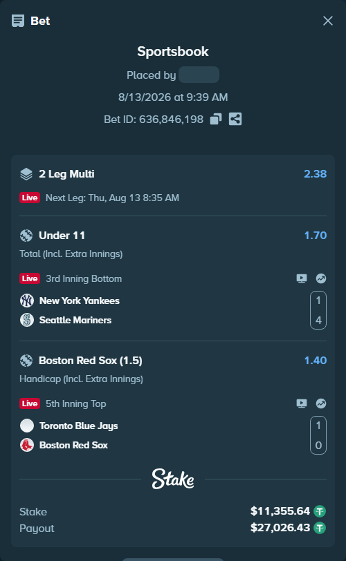 Bet slip: New York Yankees - Seattle Mariners, $11,367.00 stake at 1.70 odds, placed by Rovangood