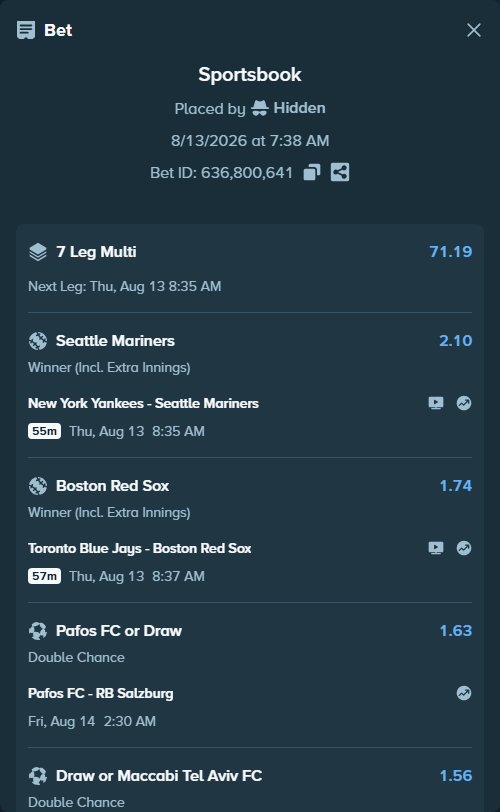 Bet slip: New York Yankees - Seattle Mariners, $15,000.00 stake at 2.10 odds, placed by Hidden