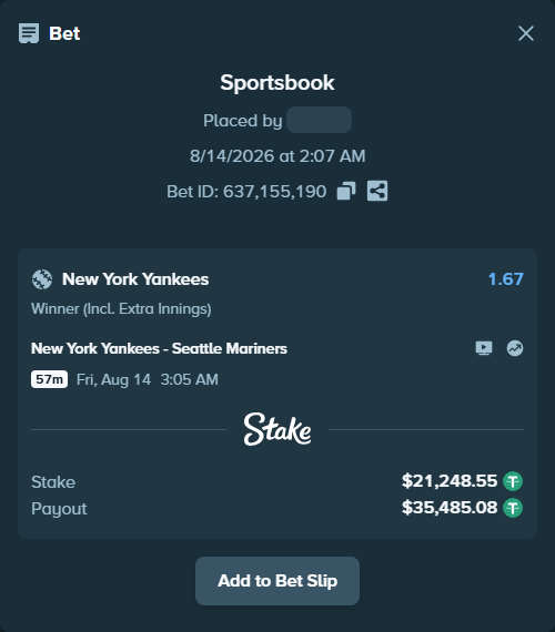 Bet slip: New York Yankees - Seattle Mariners, $21,269.80 stake at 1.67 odds, placed by GoodVibes1