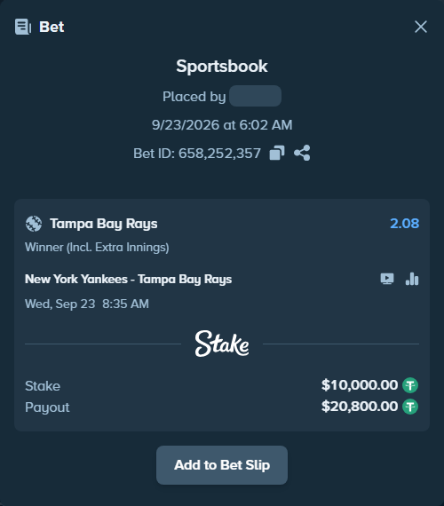 Bet slip: New York Yankees - Tampa Bay Rays, $10,000.00 stake at 2.08 odds, placed by myprecious1