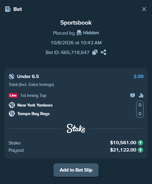 Bet slip: New York Yankees - Tampa Bay Rays, $10,561.00 stake at 2.00 odds, placed by Hidden