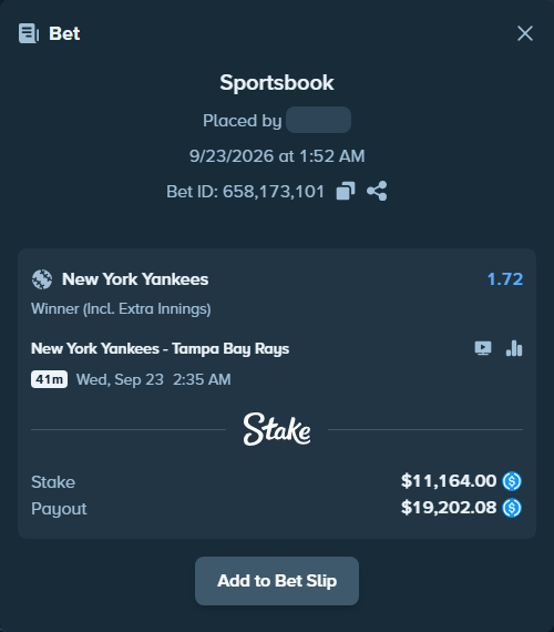 Bet slip: New York Yankees - Tampa Bay Rays, $11,164.00 stake at 1.72 odds, placed by Storestorm