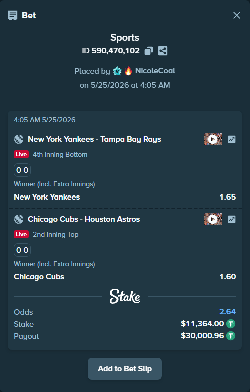 Bet slip: New York Yankees - Tampa Bay Rays, $11,364.00 stake at 1.65 odds, placed by NicoleCoal