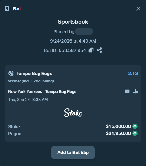 Bet slip: New York Yankees - Tampa Bay Rays, $15,000.00 stake at 2.13 odds, placed by myprecious1