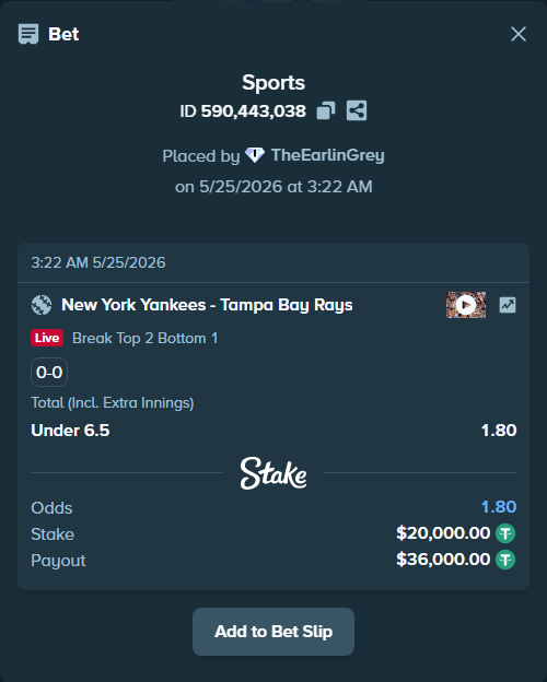 Bet slip: New York Yankees - Tampa Bay Rays, $20,000.00 stake at 1.80 odds, placed by TheEarlinGrey