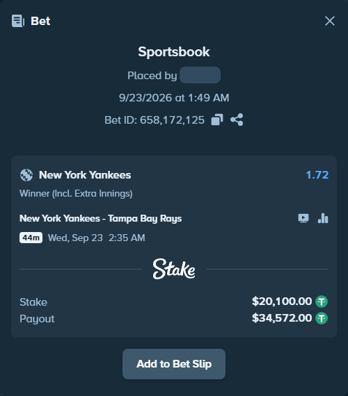 Bet slip: New York Yankees - Tampa Bay Rays, $20,100.00 stake at 1.72 odds, placed by Olecashoutlind