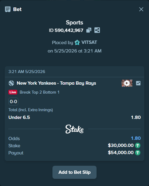 Bet slip: New York Yankees - Tampa Bay Rays, $30,000.00 stake at 1.80 odds, placed by VITSAT