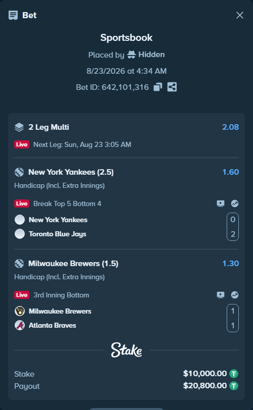 Bet slip: New York Yankees - Toronto Blue Jays, $10,000.00 stake at 1.60 odds, placed by Hidden