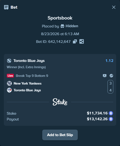 Bet slip: New York Yankees - Toronto Blue Jays, $11,607.25 stake at 1.12 odds, placed by Hidden