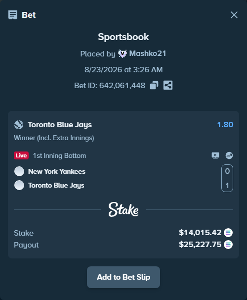 Bet slip: New York Yankees - Toronto Blue Jays, $14,287.44 stake at 1.80 odds, placed by Mashko21