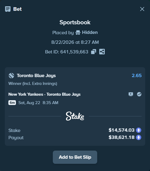 Bet slip: New York Yankees - Toronto Blue Jays, $13,999.58 stake at 2.65 odds, placed by Hidden
