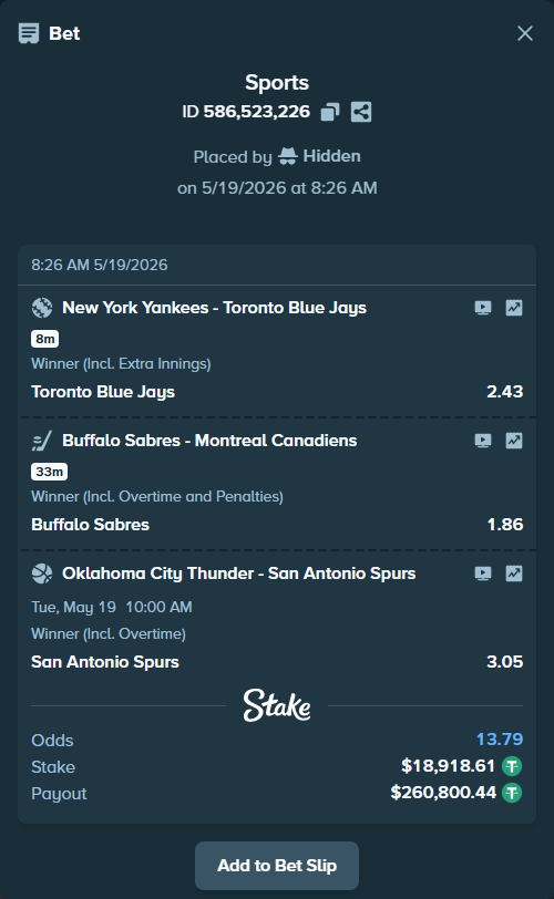 Bet slip: New York Yankees - Toronto Blue Jays, $18,937.53 stake at 2.43 odds, placed by Hidden