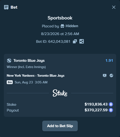 Bet slip: New York Yankees - Toronto Blue Jays, $194,093.70 stake at 1.91 odds, placed by Hidden