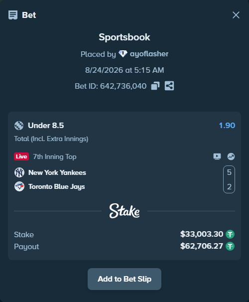 Bet slip: New York Yankees - Toronto Blue Jays, $33,000.00 stake at 1.90 odds, placed by ayoflasher