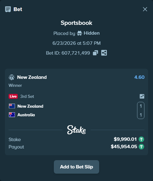 Bet slip: New Zealand - Australia, $10,000.00 stake at 4.60 odds, placed by Hidden