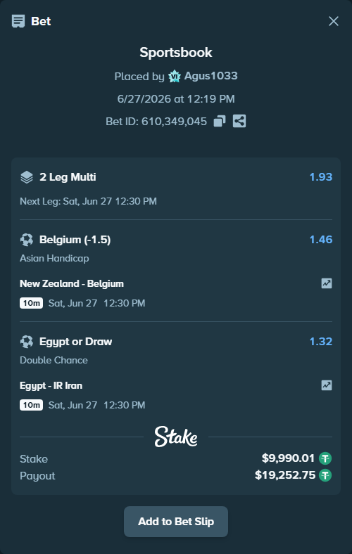 Bet slip: New Zealand - Belgium, $10,000.00 stake at 1.46 odds, placed by Agus1033