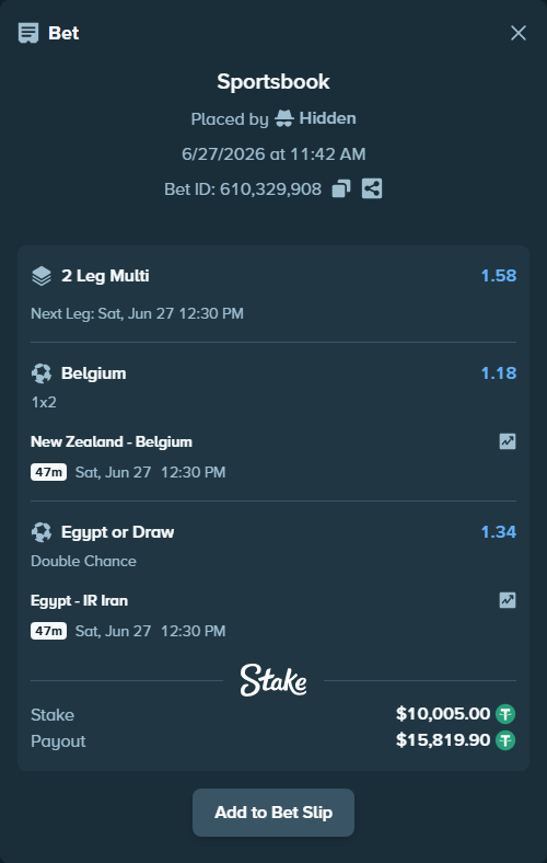 Bet slip: New Zealand - Belgium, $10,015.00 stake at 1.18 odds, placed by Hidden
