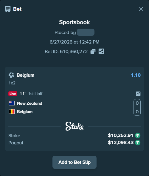 Bet slip: New Zealand - Belgium, $10,263.16 stake at 1.18 odds, placed by Armo098