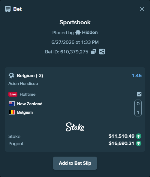 Bet slip: New Zealand - Belgium, $11,522.00 stake at 1.45 odds, placed by Hidden