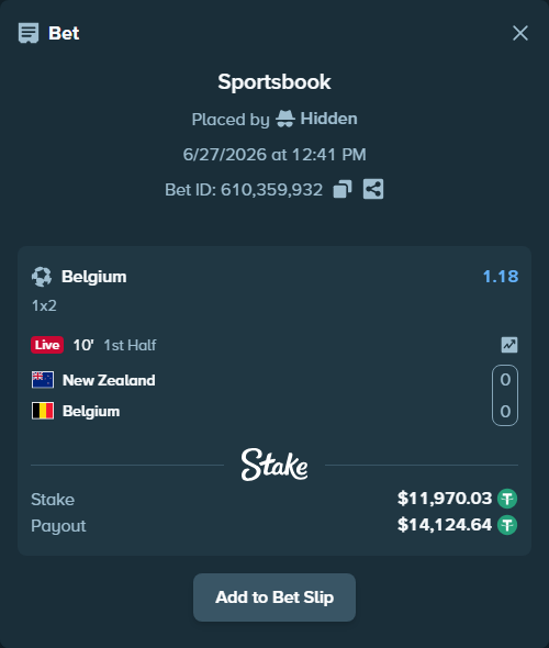 Bet slip: New Zealand - Belgium, $11,982.00 stake at 1.18 odds, placed by Hidden