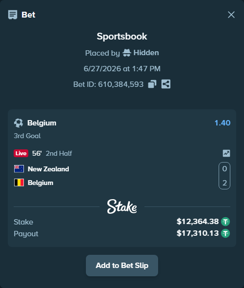 Bet slip: New Zealand - Belgium, $12,376.74 stake at 1.40 odds, placed by Hidden