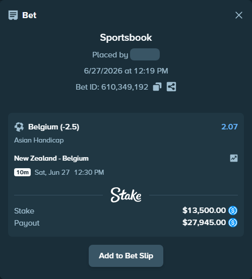 Bet slip: New Zealand - Belgium, $13,500.00 stake at 2.07 odds, placed by Robing001